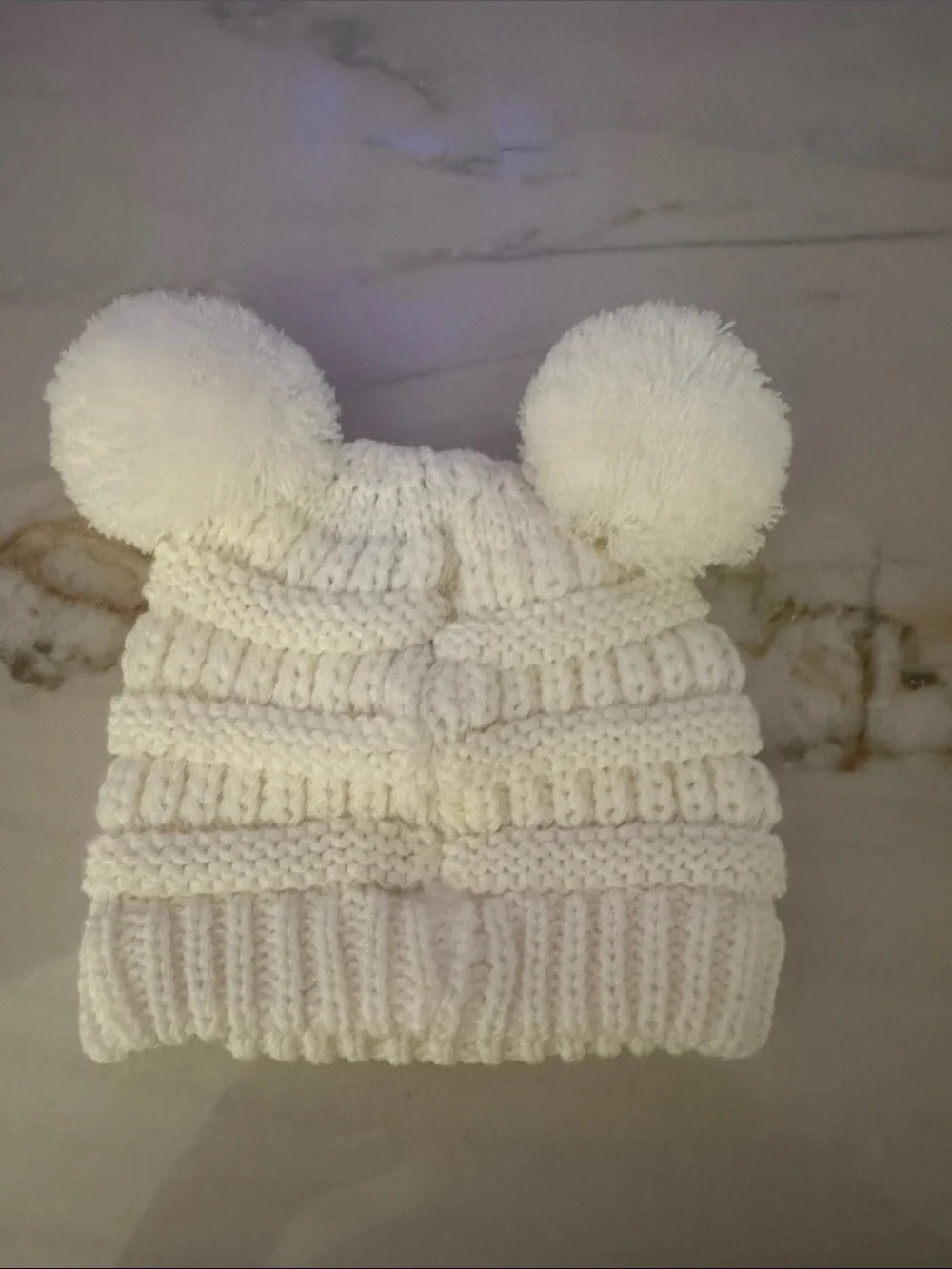 C.C Cream Knit Double Pom Beanie with Pink Monogram J